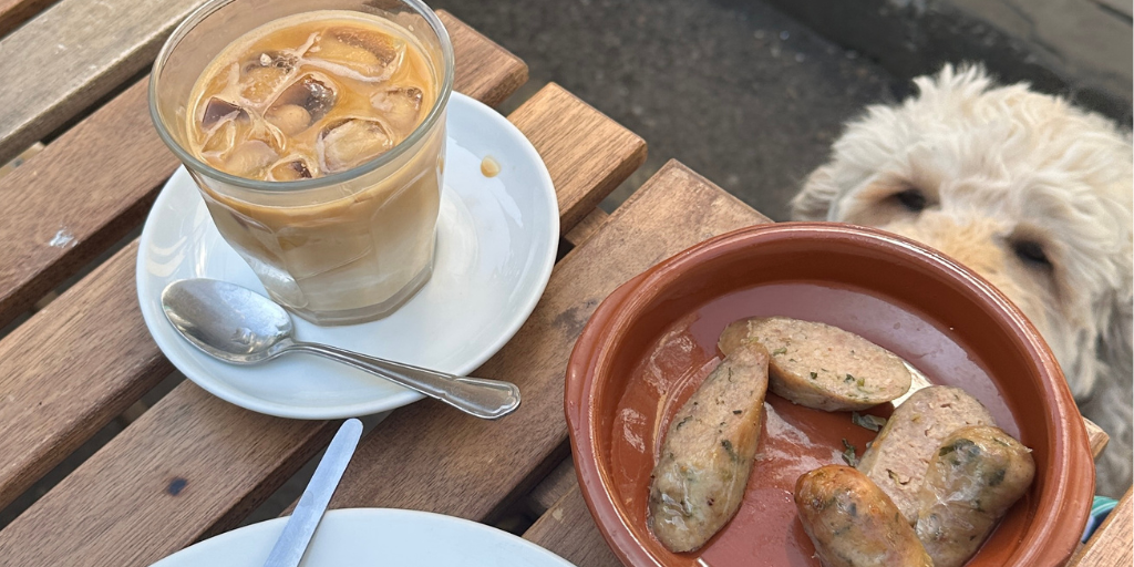 Archie, a labradoodle, looks longingly towards a plate of sausages at the Handlebar Cafe, Oxford.
