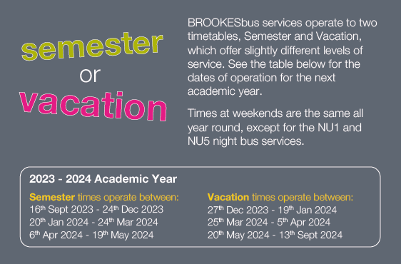 BROOKESbus 2023/2024 Semester and Vacation dates