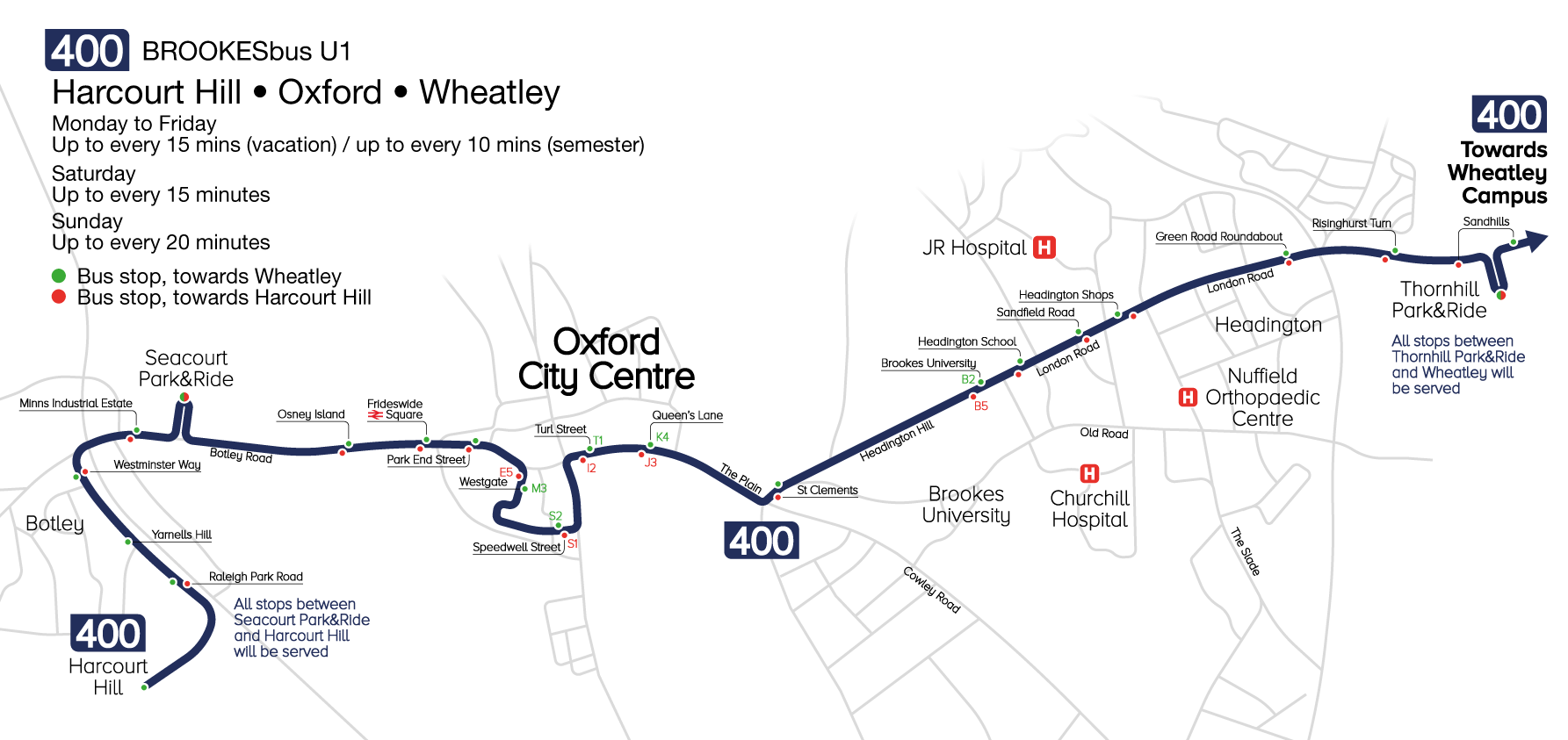 Map of the 400 service between Harcourt Hill, Oxford and Wheatley.