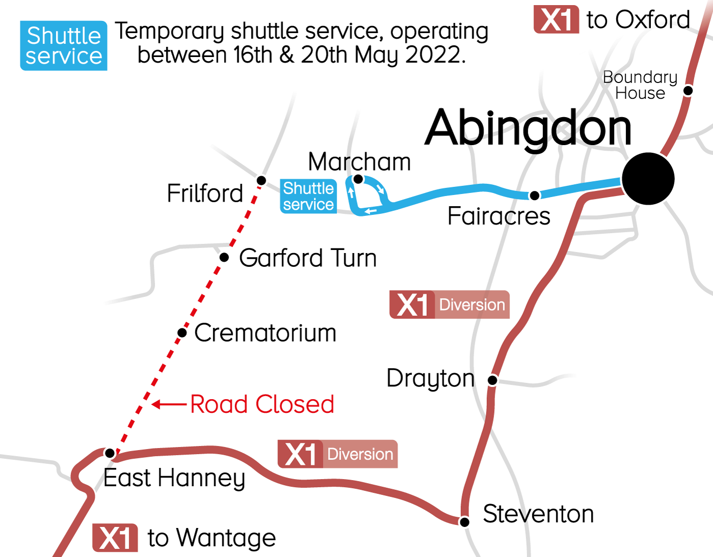 Map of the X1 diversion route.
