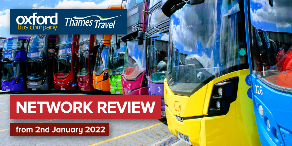 Photo of buses lined up, text reading 'network review from 2nd January 2022"