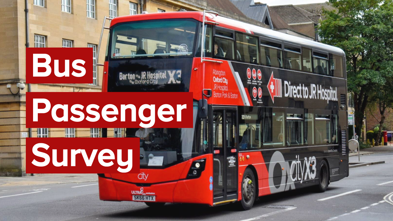 Photo of a double-decker bus, text reading 'Bus Passenger Survey"