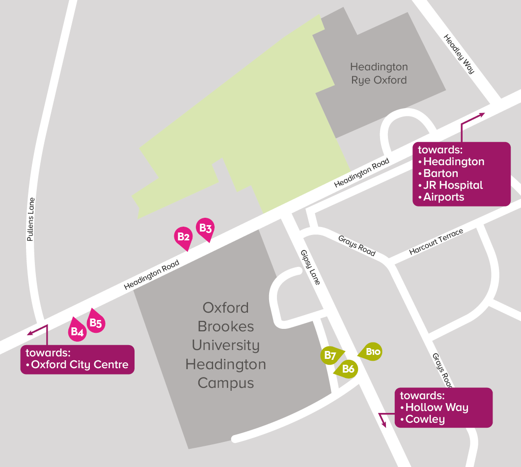 Map of bus stops near Oxford Brookes University.