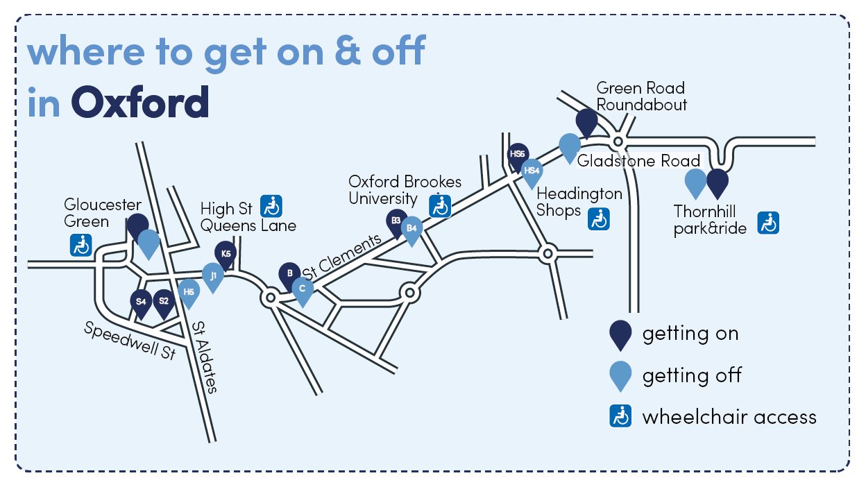 Visual map of the airline bus stops in Oxford