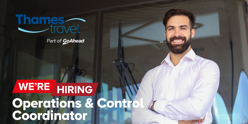 Smiling man infront of bus and job advertisement title